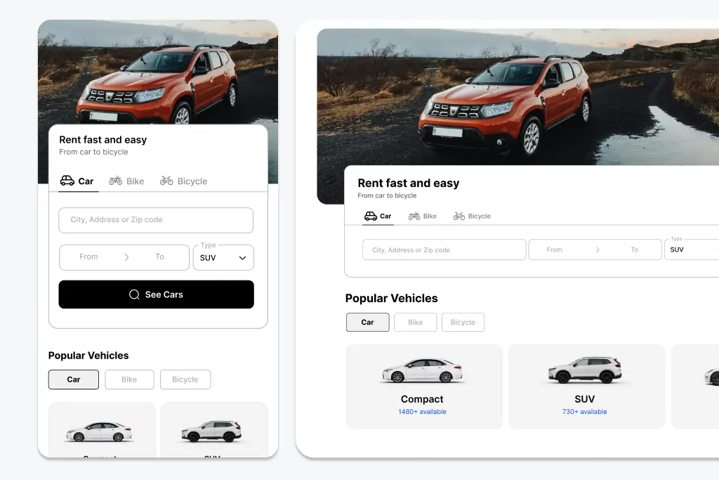 Car rental company UI/UX designed by Deficus
